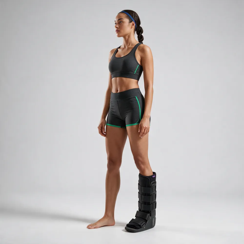 Mujer de perfil con una bota ortopédica negra Backbone y ropa deportiva con vivos verdes